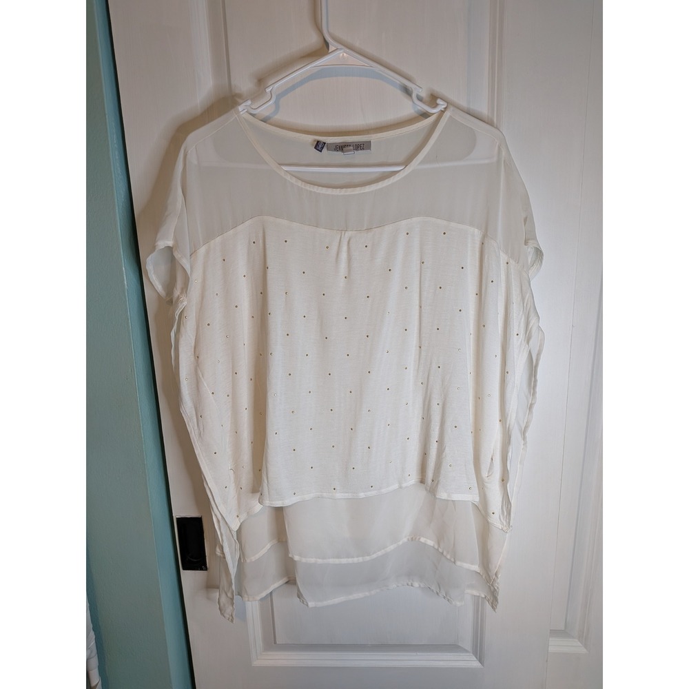 Jennifer Lopez Womens Medium Cream Studded Sheer Yoke Dolman Blouse Top